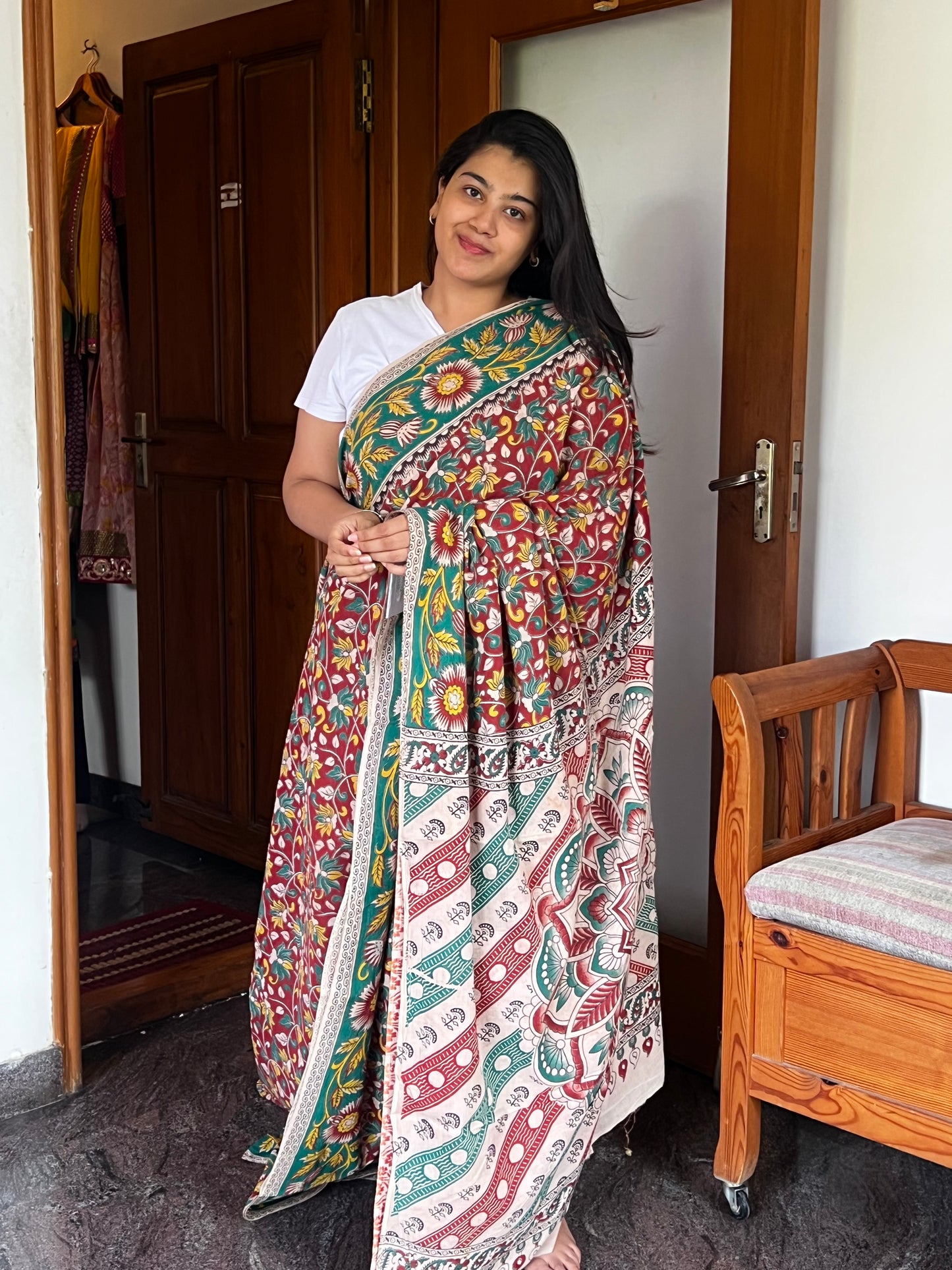Red and green Kalamkari cotton saree
