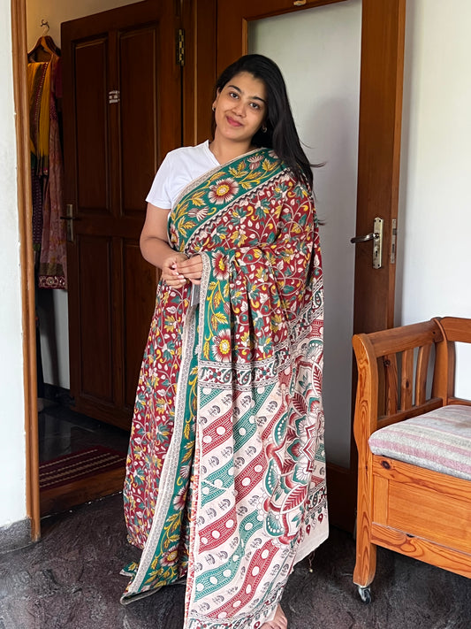 Red and green Kalamkari cotton saree
