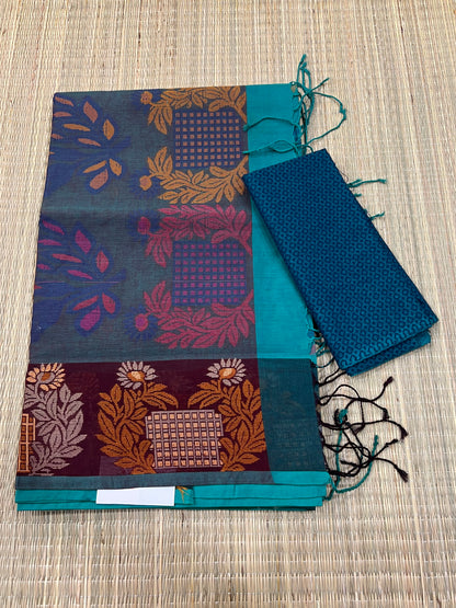 Blue jamdani cotton saree