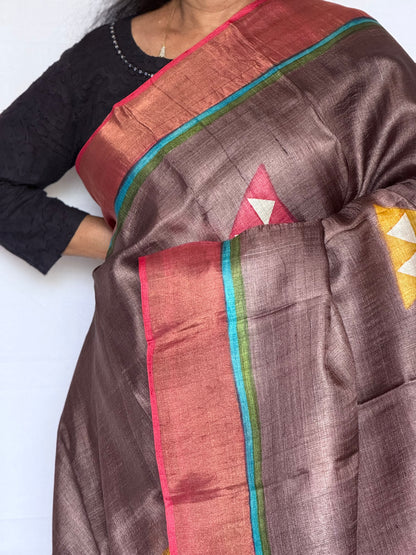 Printed Tussar saree - Brown