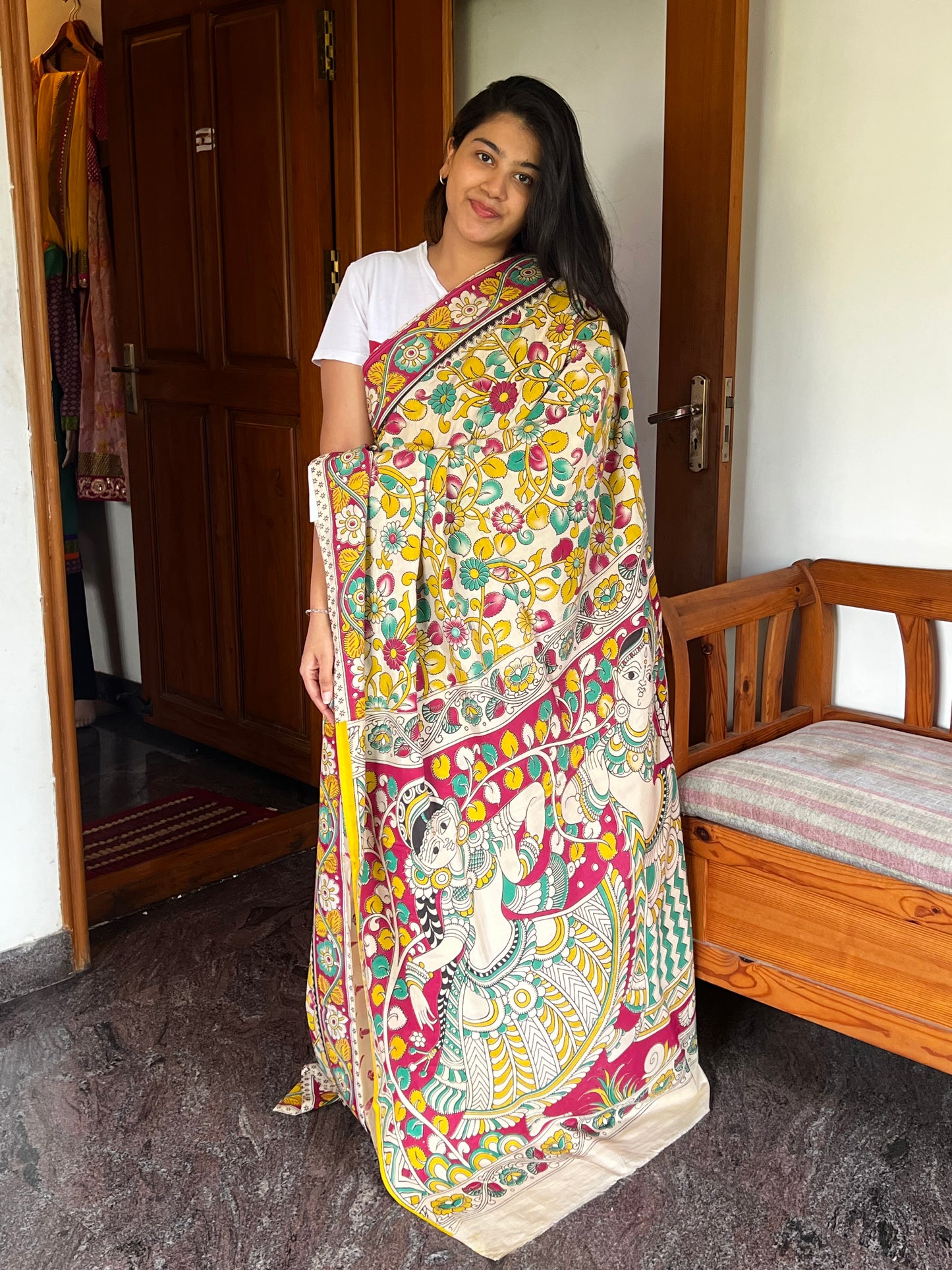 Red & yellow kalamkari chinnur silk saree