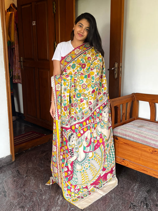 Red & yellow kalamkari chinnur silk saree