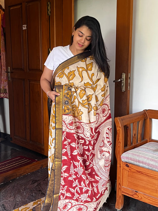 Beige mustard Kalamkari chinnur silk saree