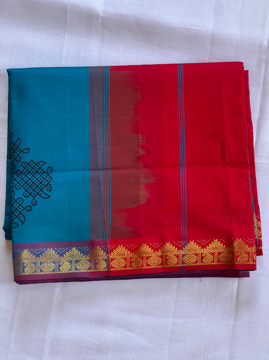 Red & blue kolam semi silk cotton saree