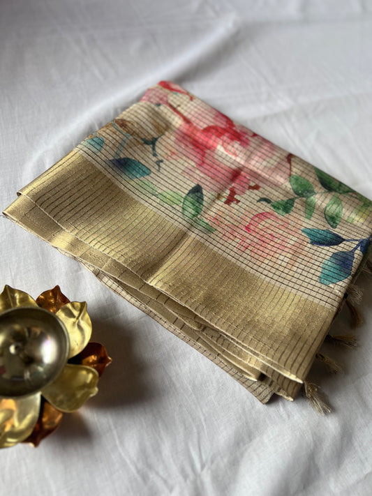 Beige checked semi tussar silk saree