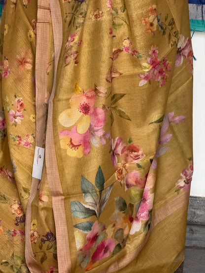 Yellow printed kota cotton saree