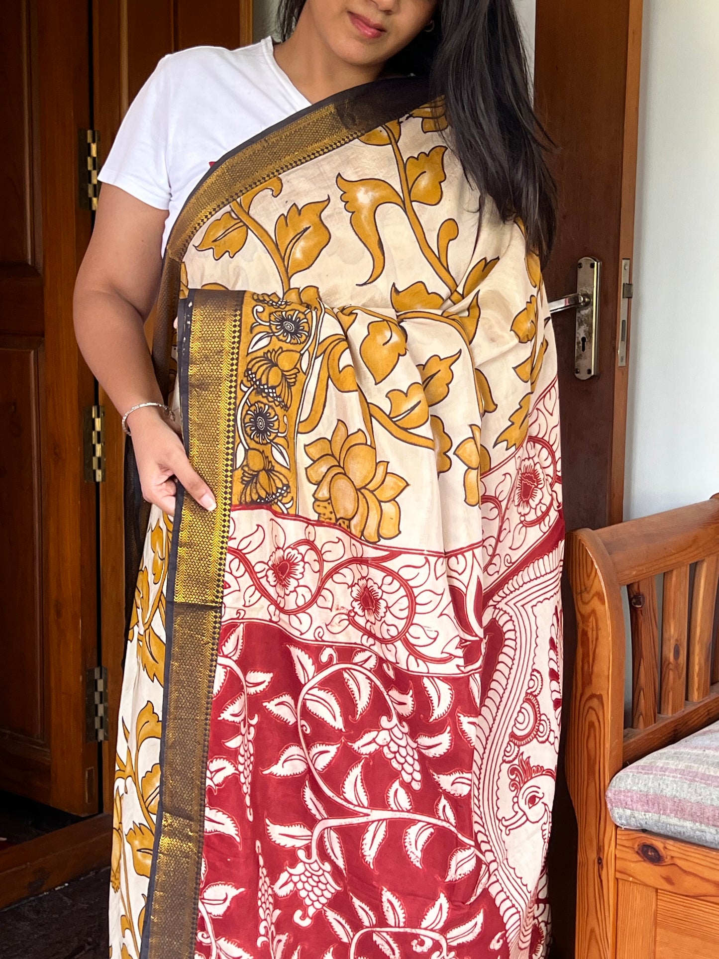 Beige mustard Kalamkari chinnur silk saree