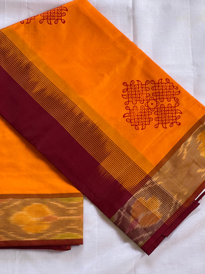 Mango yellow kolam semi silk cotton saree