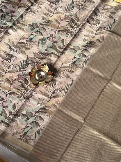 Dark beige tissue line semi tussar silk saree