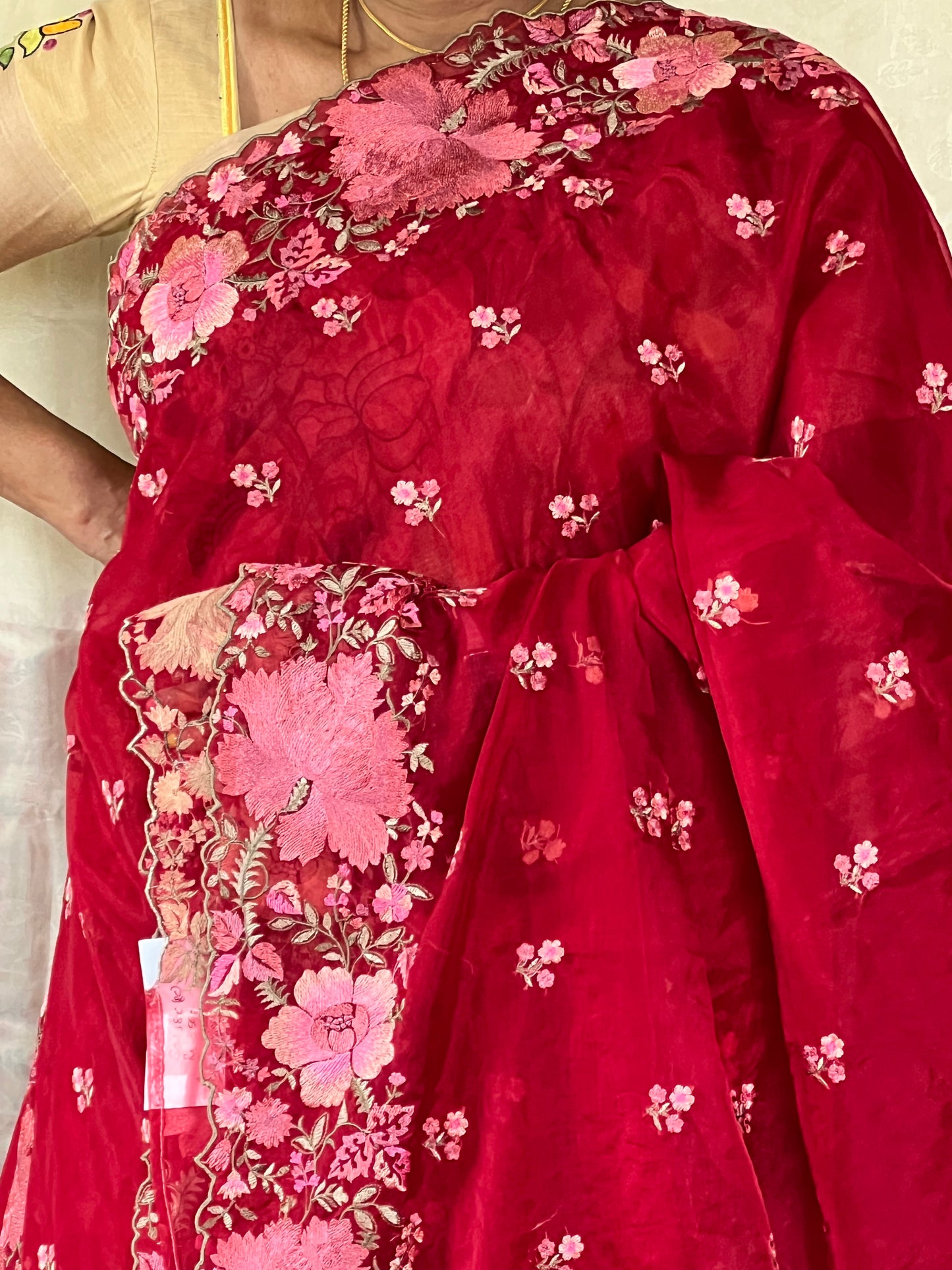 Red organza saree