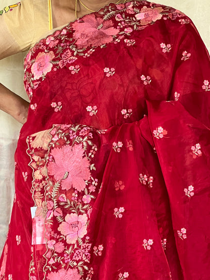 Red organza saree