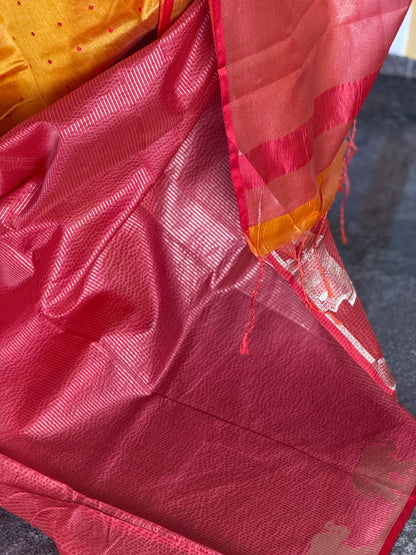 Semi tussar yellow & red saree