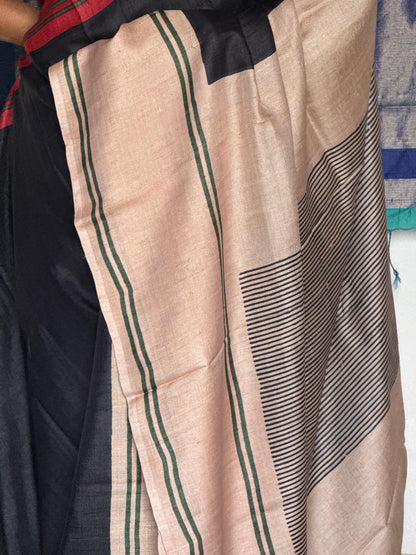 Monochrome & Red Geometric Tussar silk