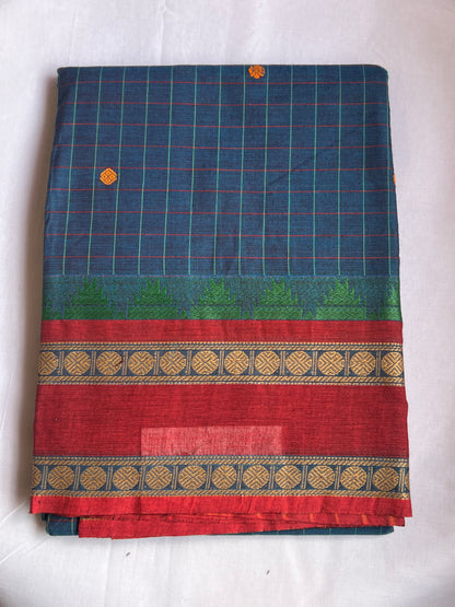 Blue Checks kanchi cotton saree