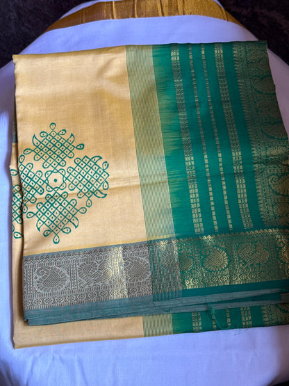 Yellow semi silk cotton saree with kolam print