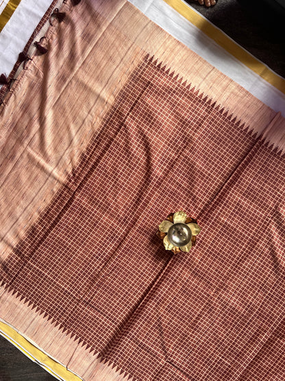 Brick brown checked tussar silk saree