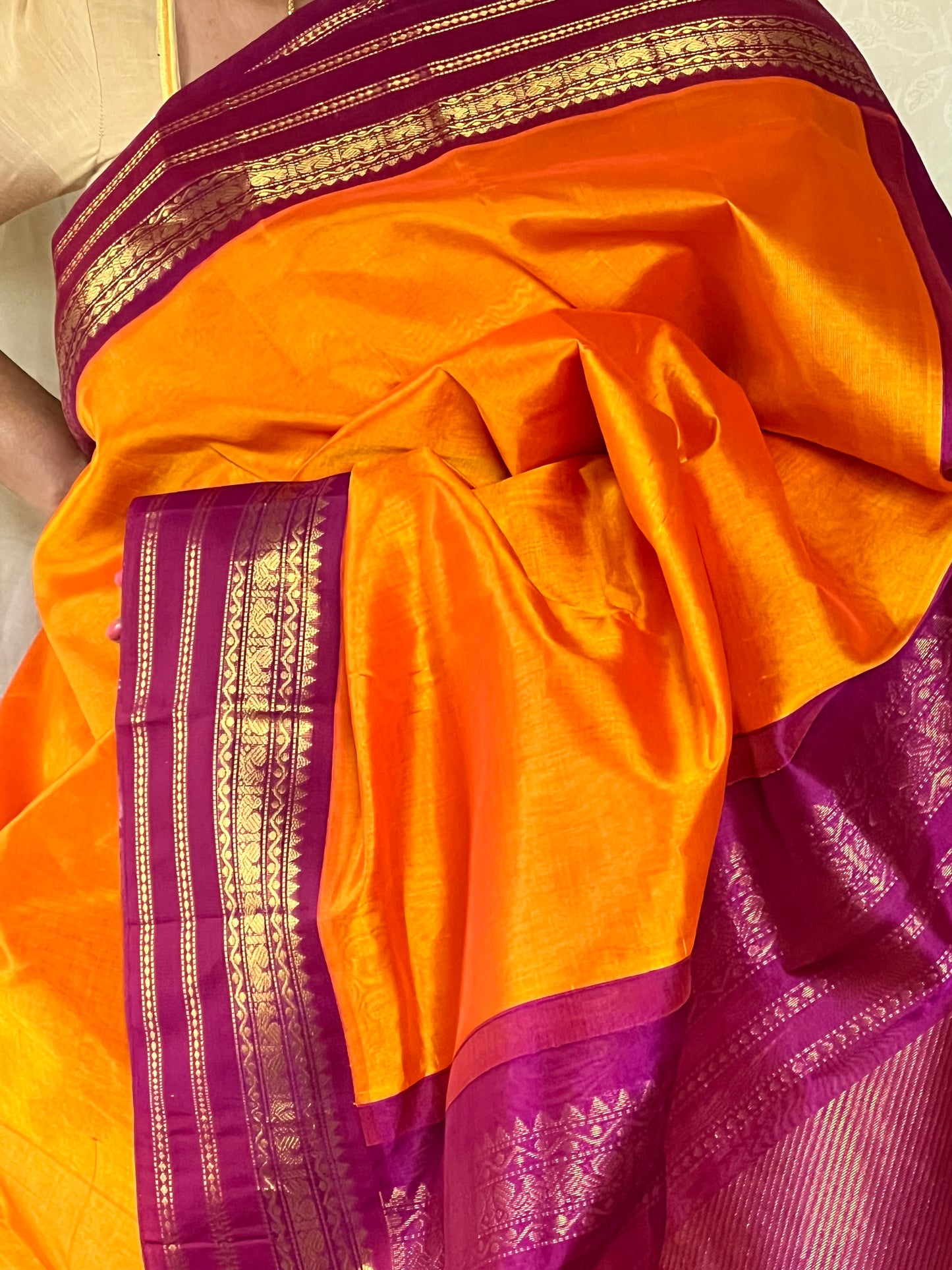Mango Orange Magenta kanchivaram silk cotton saree
