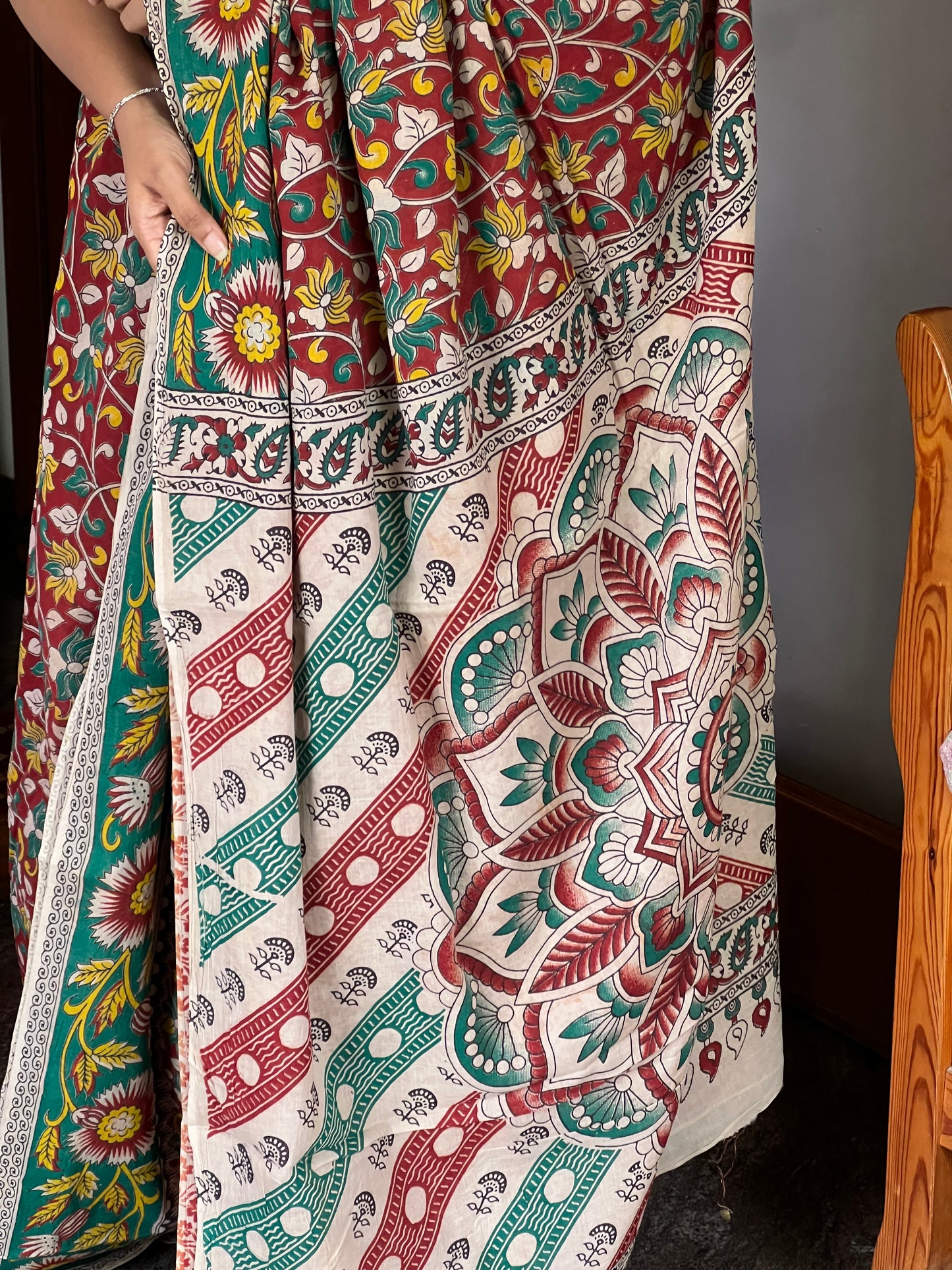 Red and green Kalamkari cotton saree