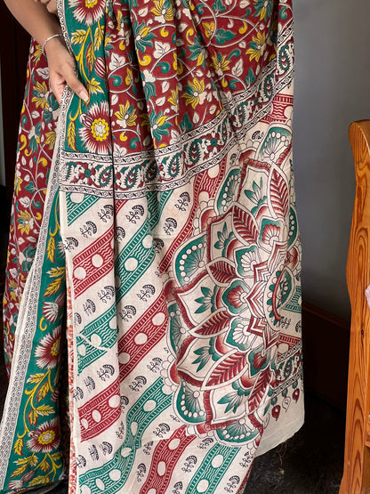 Red and green Kalamkari cotton saree
