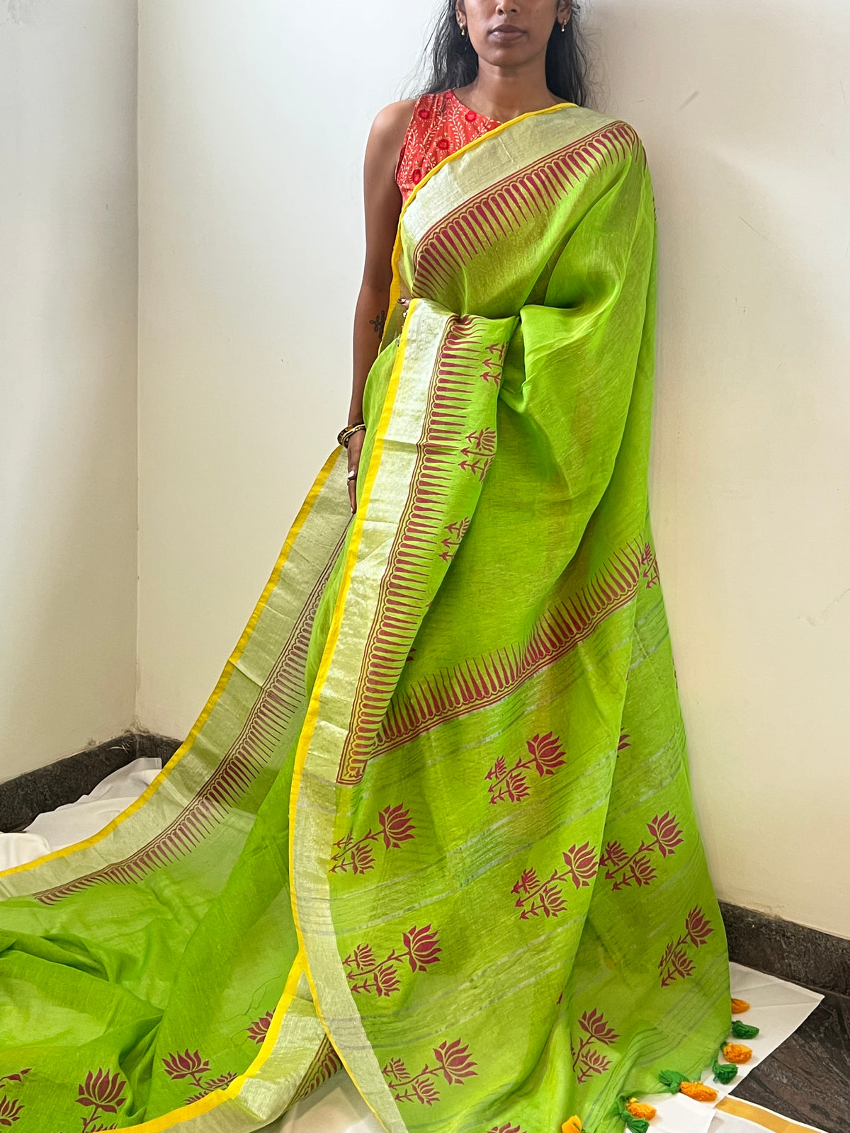 Green linen saree