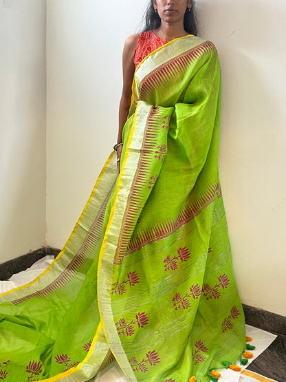 Green linen saree
