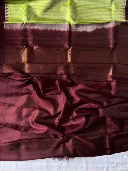 Checked Temple design Gadwal silk saree - Green & Brown