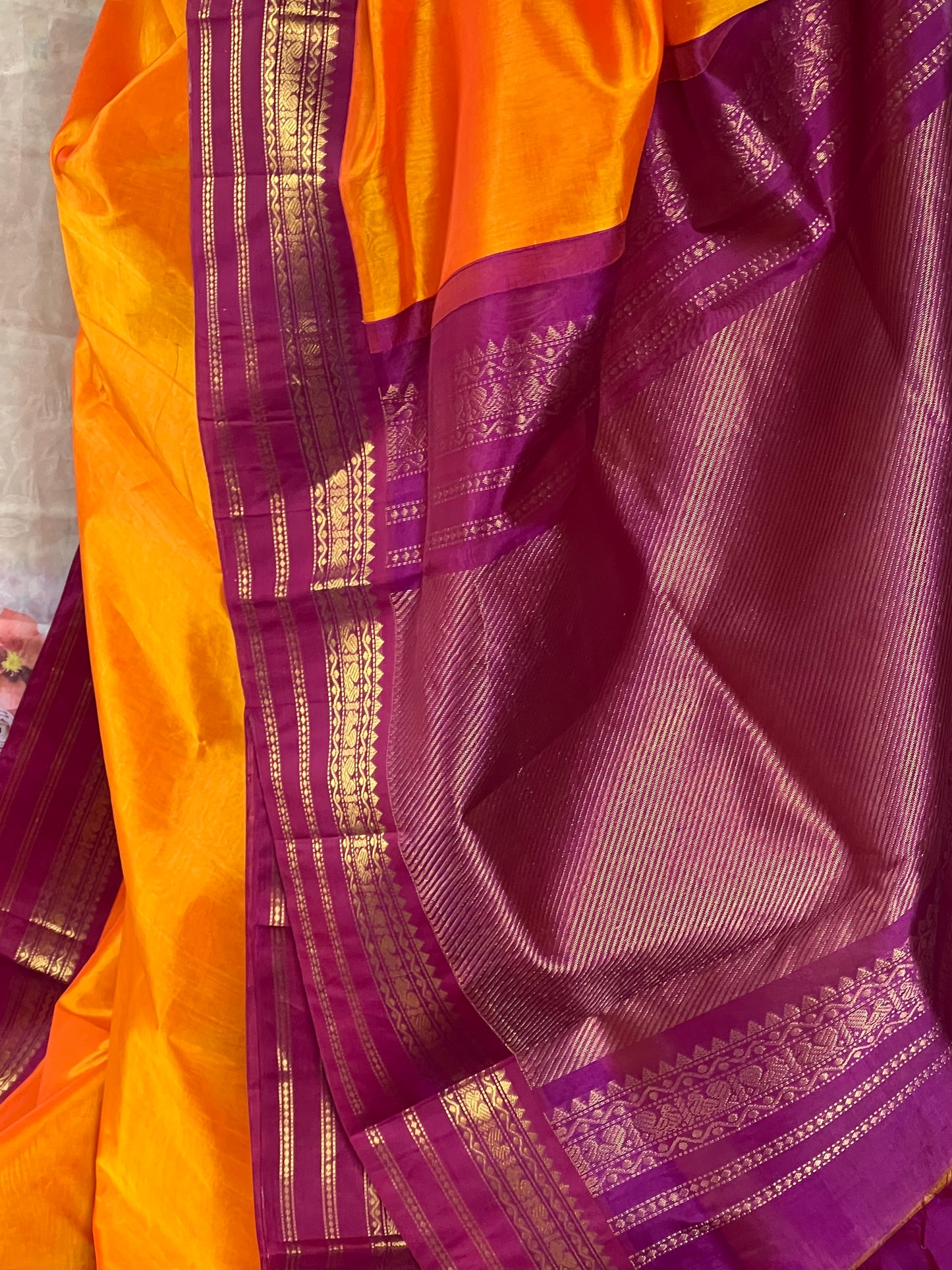 Mango Orange Magenta kanchivaram silk cotton saree