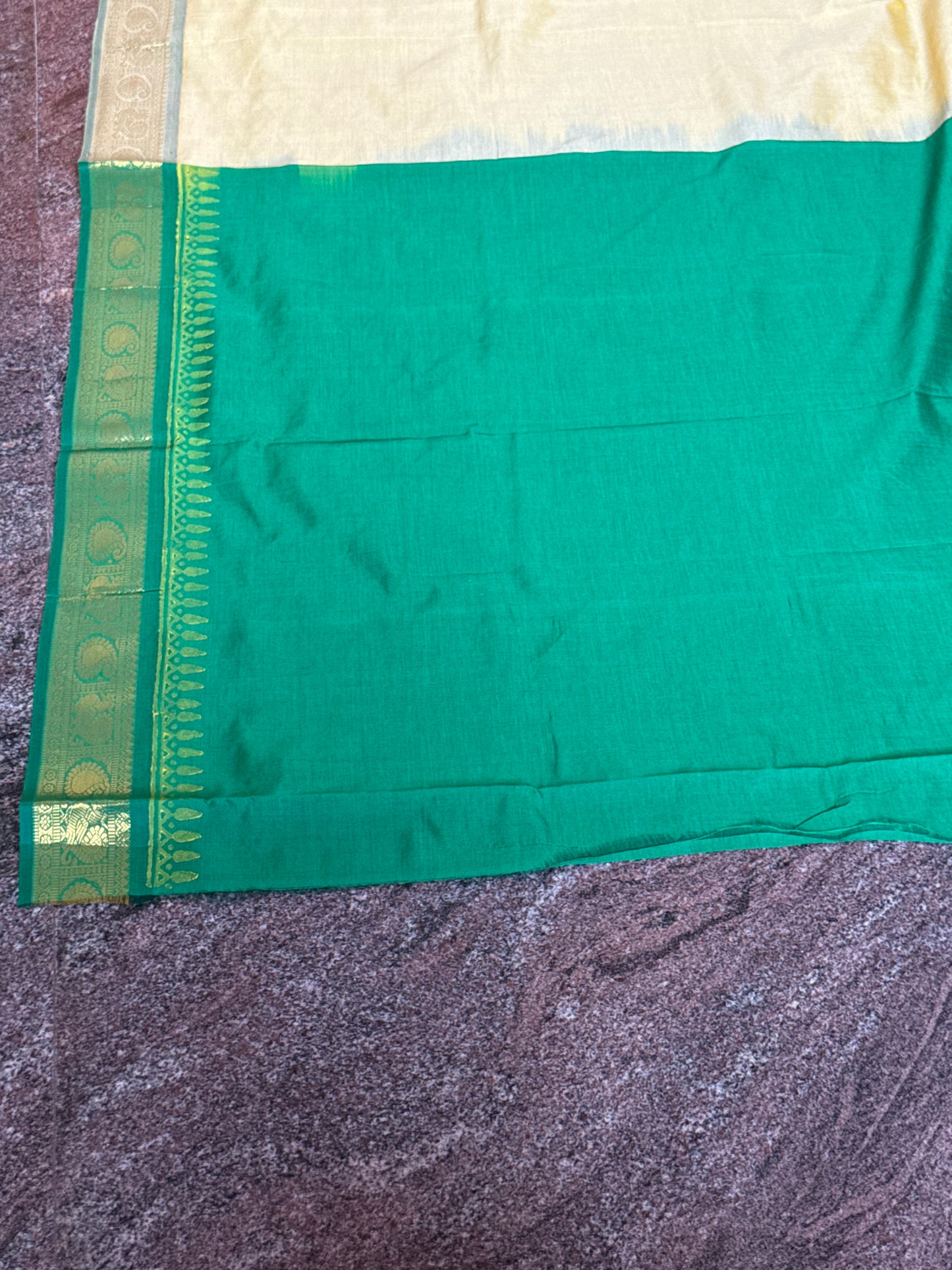 Yellow semi silk cotton saree with kolam print