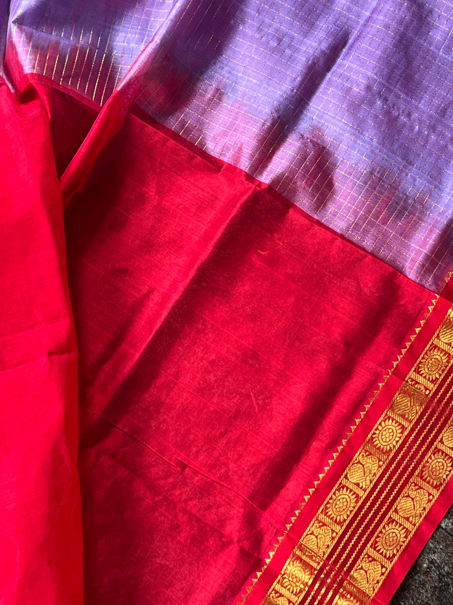 Lilac and Red korwai silk cotton saree