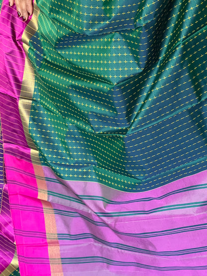 Bottle green and rani pink semi silk saree