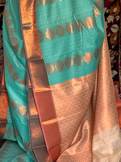 Teal blue & cream semi silk saree