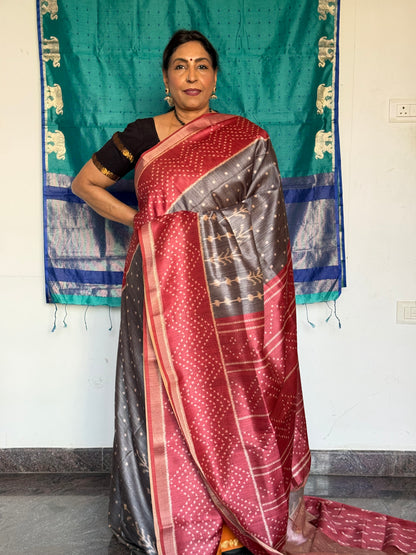Grey and red semi tussar saree