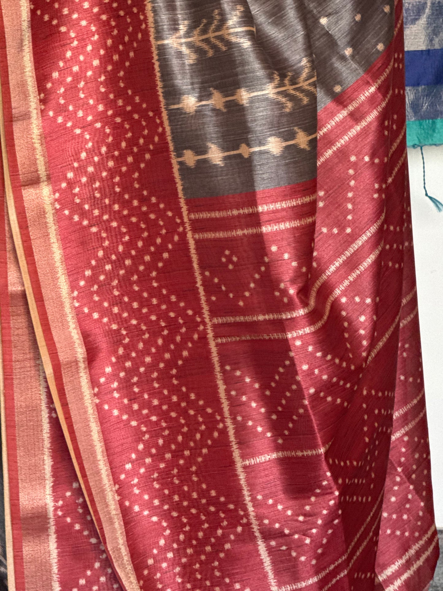 Grey and red semi tussar saree