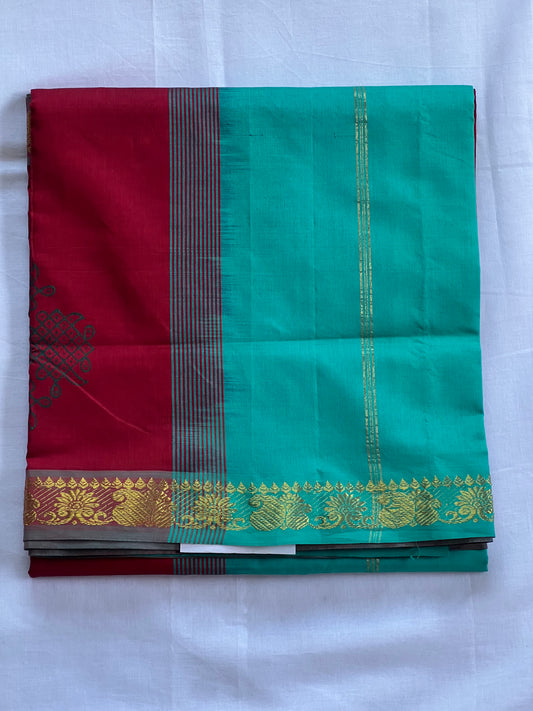 Maroon & teal kolam semi silk cotton