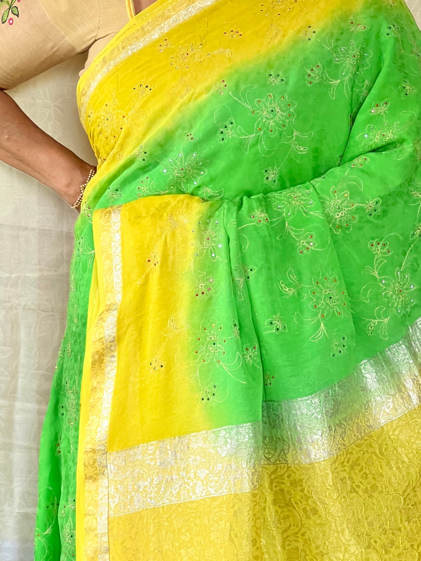 Green and Yellow Chiffon with stone work