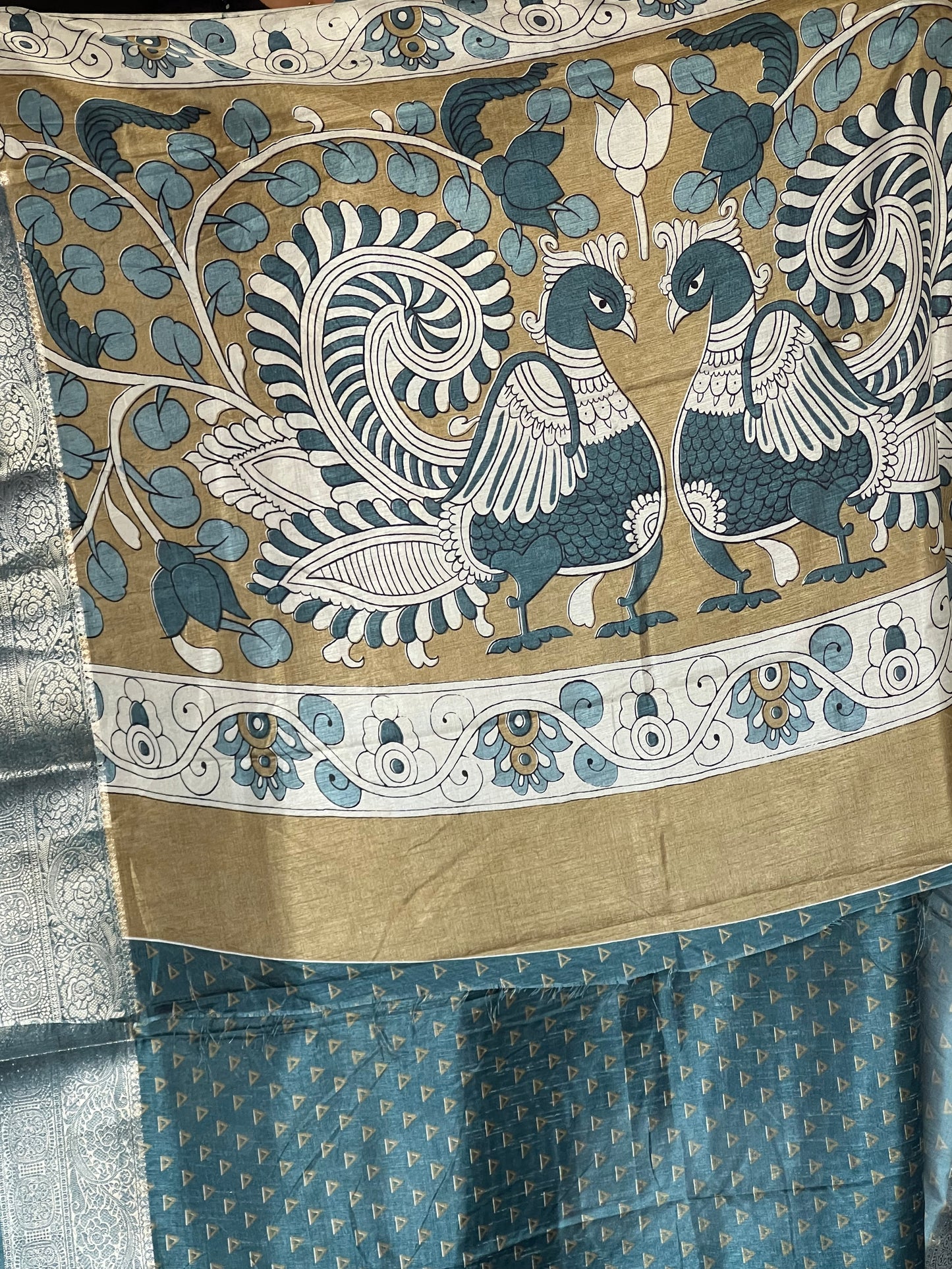 Olive green & blue semi Tussar silk saree