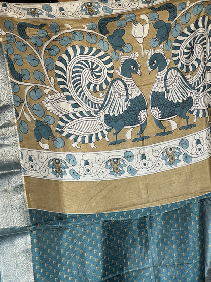 Olive green & blue semi Tussar silk saree