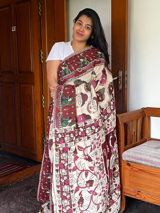 Beige & maroon cotton Kalamkari  saree