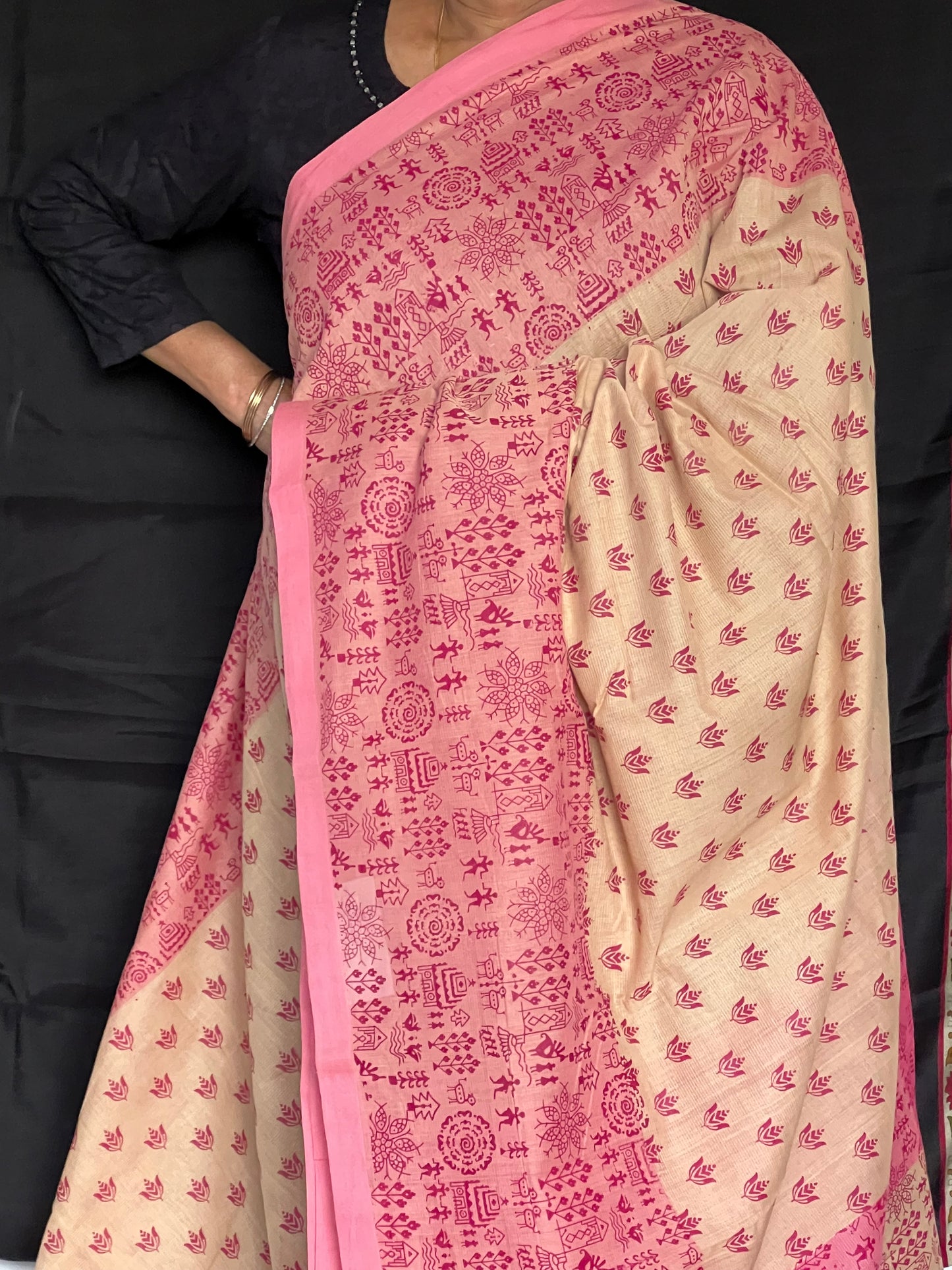 Beige & Pink mangalagiri printed cotton saree