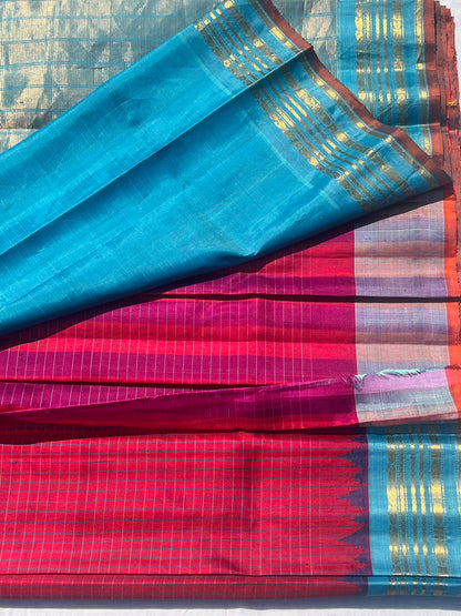 Pink and blue Gadwal silk saree