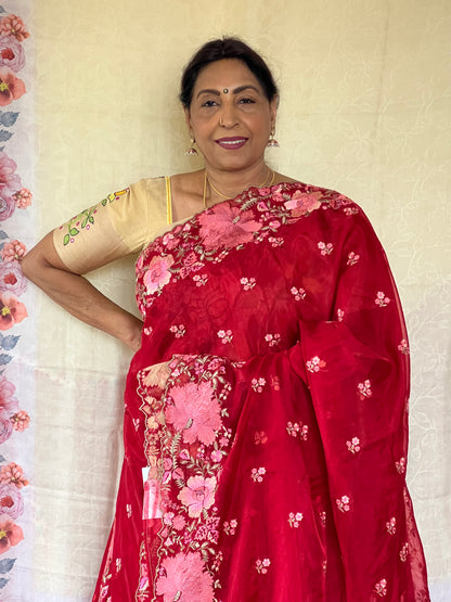 Red organza saree