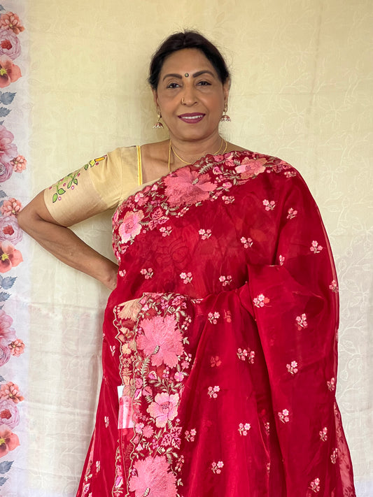 Red organza saree