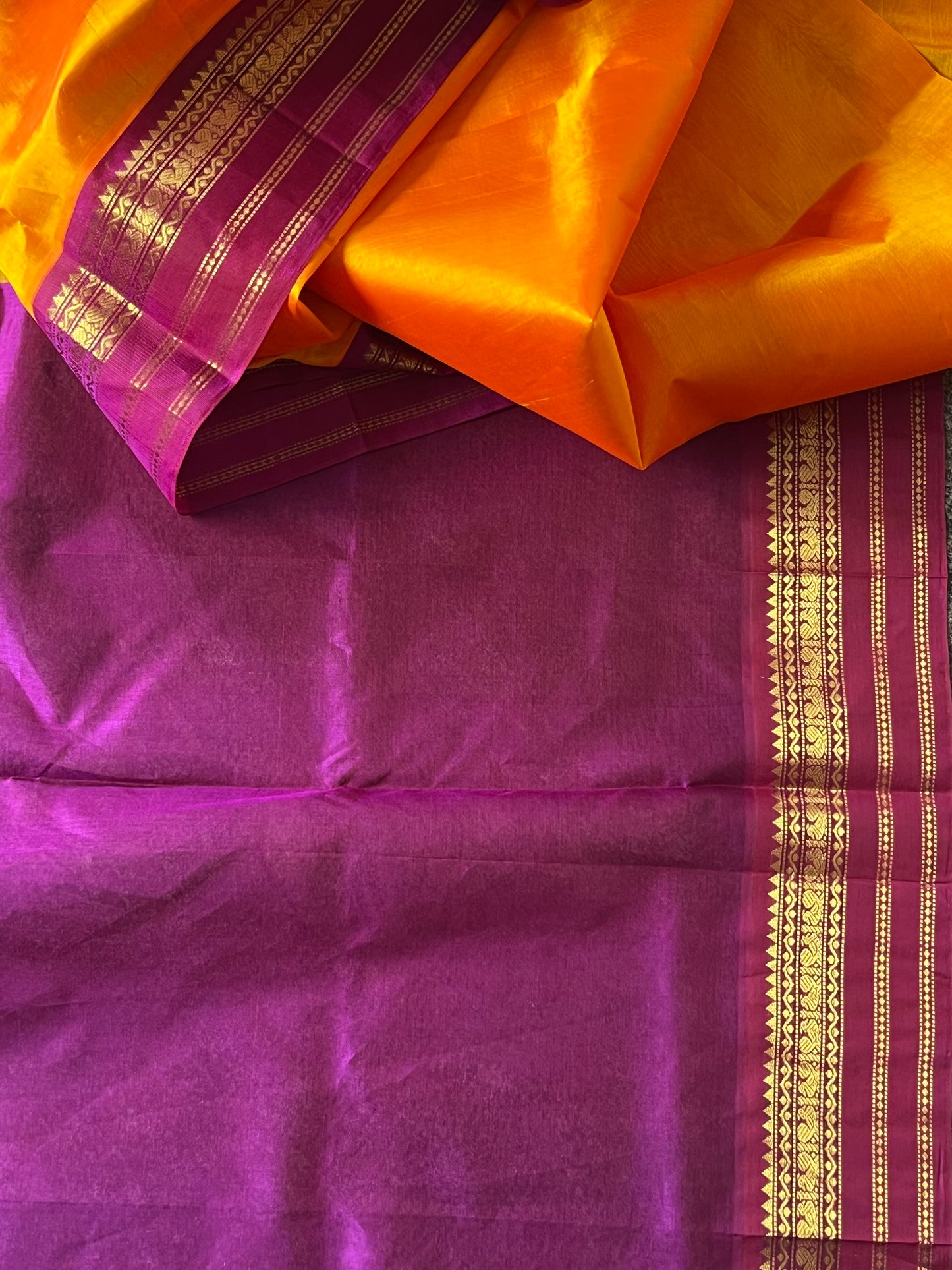 Mango Orange Magenta kanchivaram silk cotton saree