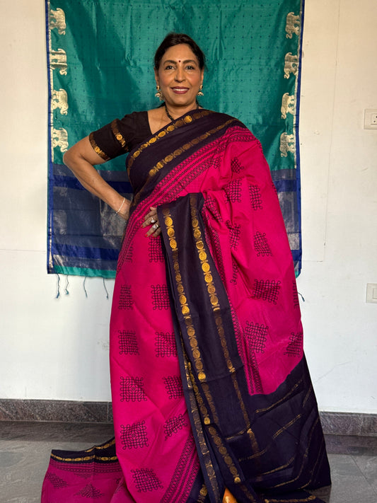 Pink kolam sungudi cotton saree