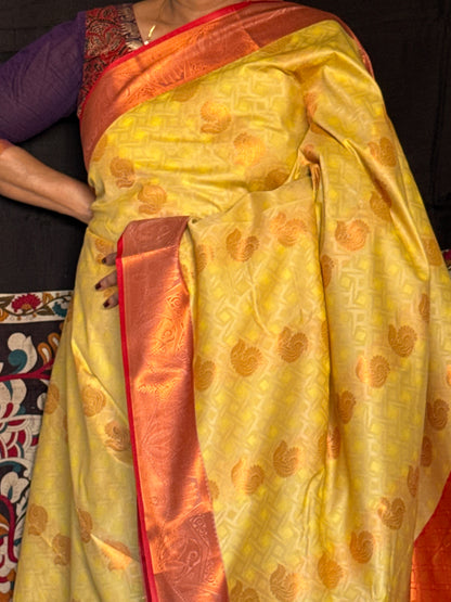 Chic Yellow & red semi silk saree