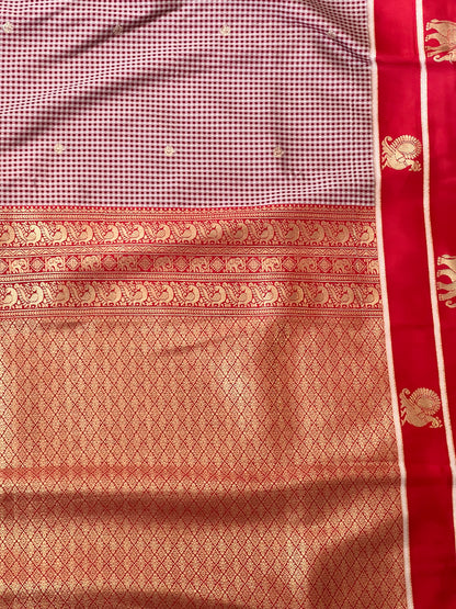 Red checks semi silk saree