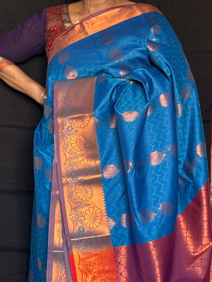 Royal blue & red semi silk saree