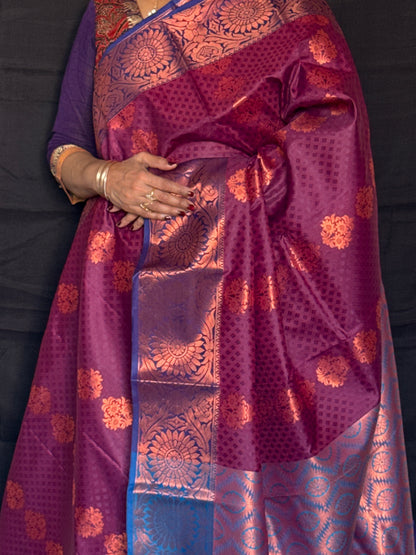 Maroon & navy blue semi silk saree