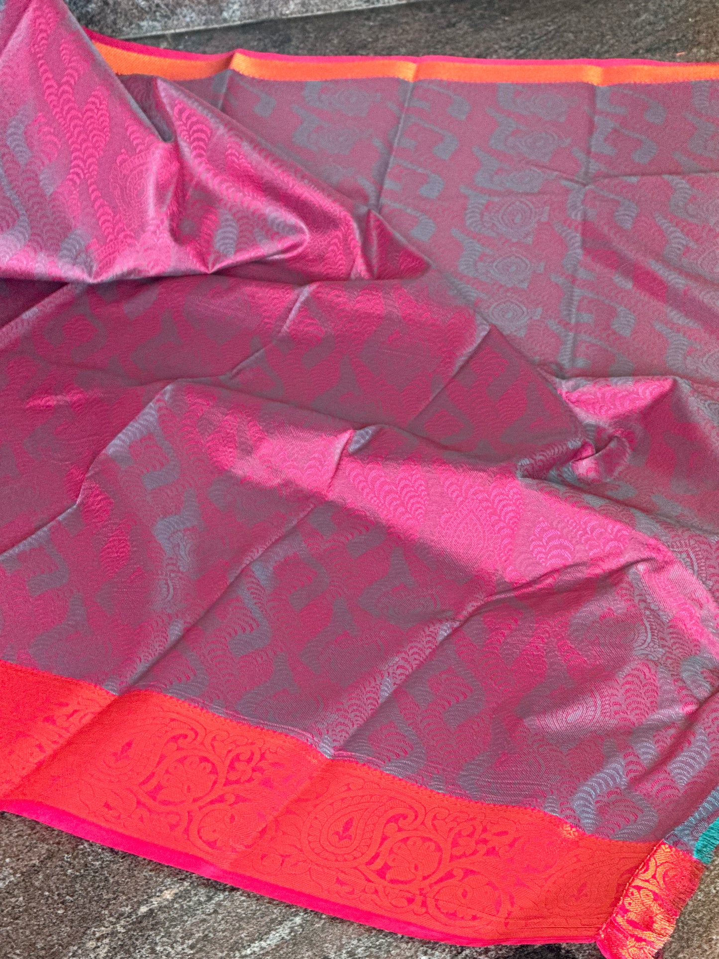 Aqua teal & red semi silk saree