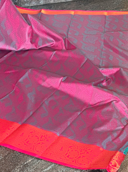Aqua teal & red semi silk saree